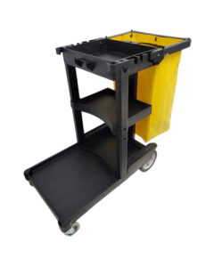 3-Shelf Janitor Cart, Black-  25 GAL Vinyl Bag w/ Tool Slots